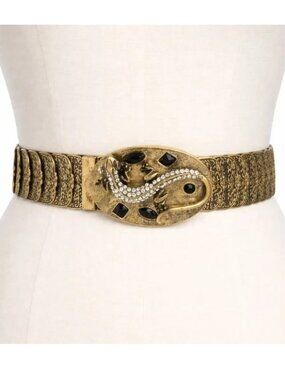 Ornate Gold-Tone Lizard Buckle Filigree Stretch Belt Rhinestone Y2K